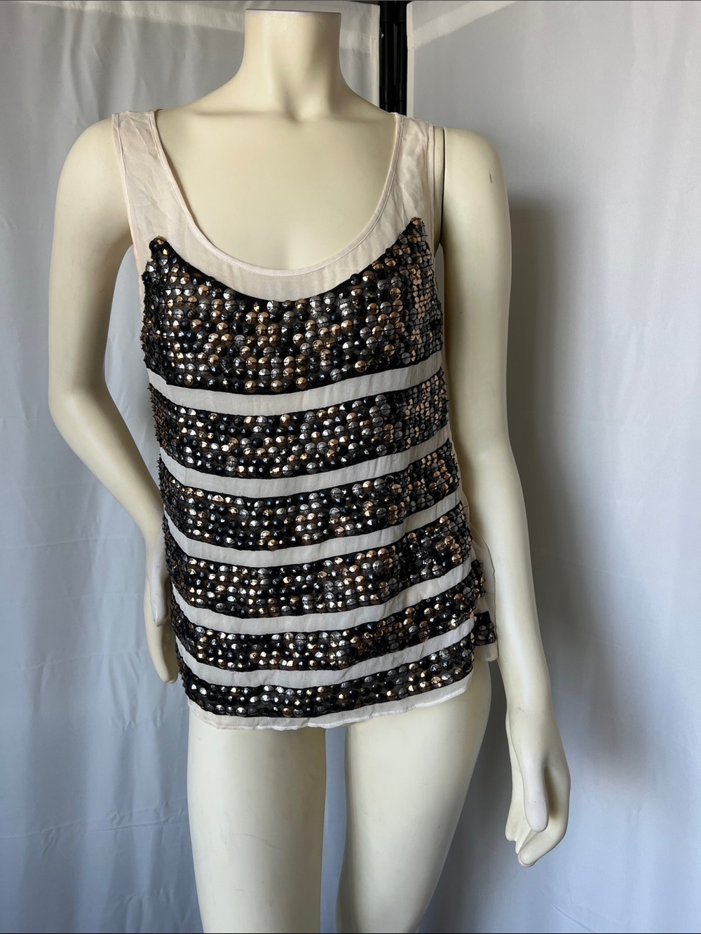 Tory Burch Ivory Silk Tank with Black, Gold and Silver Sequins